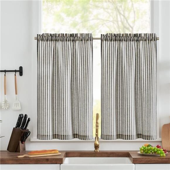 Kitchen Curtains Striped Tier Curtains Ticking Stripe Linen Curtains Pinstripe - Picture 1 of 8